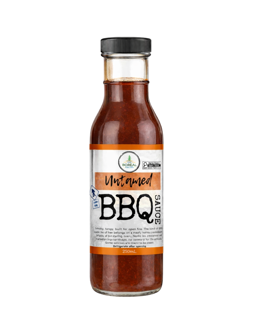 Bottle of Untamed BBQ Sauce from The Boreal Pantry on a white background