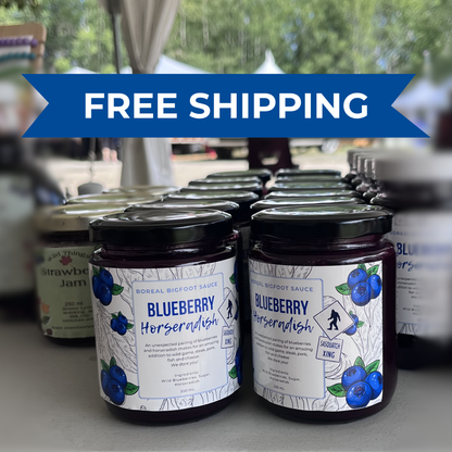 Jars of blueberry horseradish with a 'Free Shipping' banner in the background.