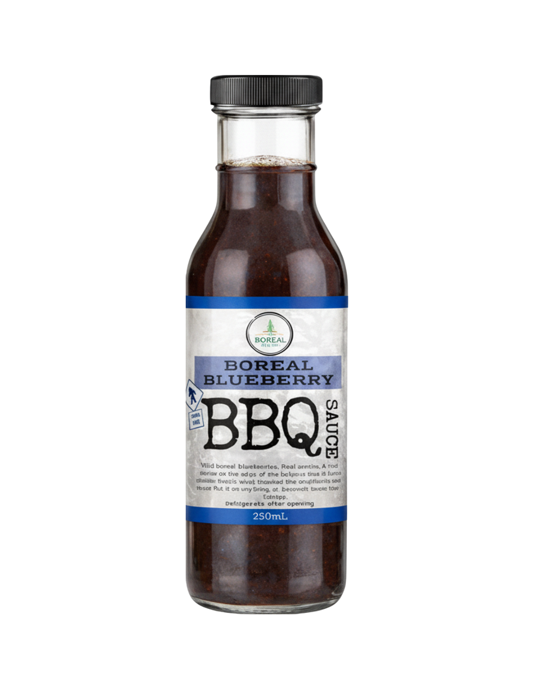 Bottle of Boreal Blueberry BBQ Sauce on a white background